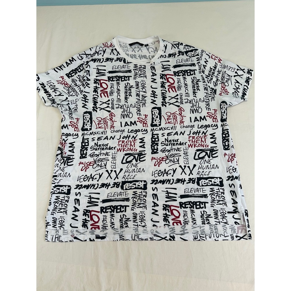 Sean John Mens 3XL White Graffiti Text Print Short Sleeve T-Shirt Streetwear